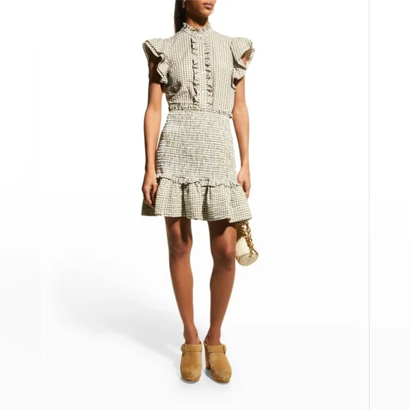 Veronica Beard Aloya Smocked Seersucker Ruffle Skirt Olive White Sz XL NWT